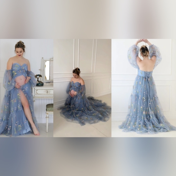Flower Embroidery Tulle Maternity Dress for Photoshoot - Picture 2 of 2